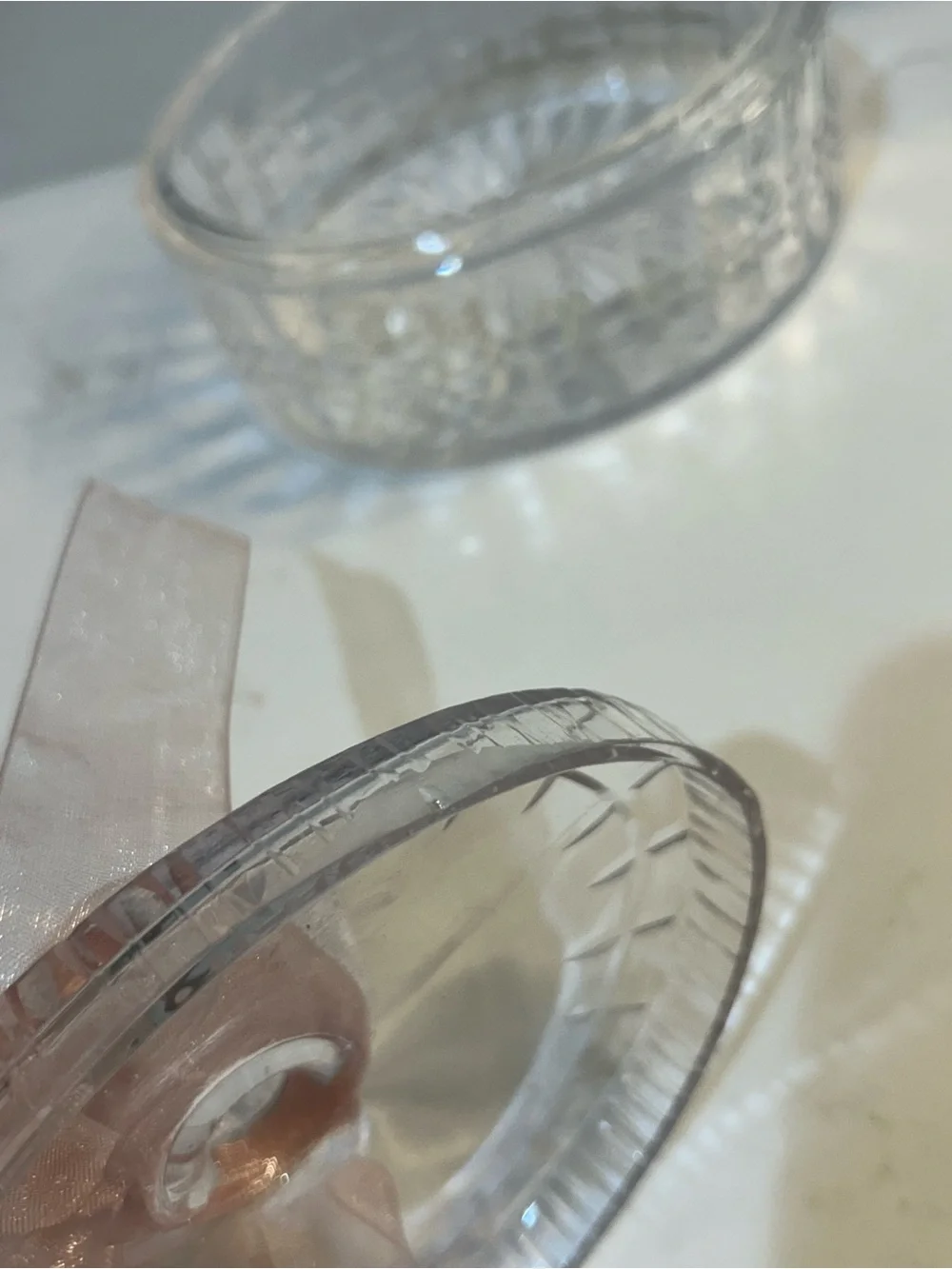Crystal Glass Trinket Lidded Box intricate faceted panels with Pale Pink Ribbon